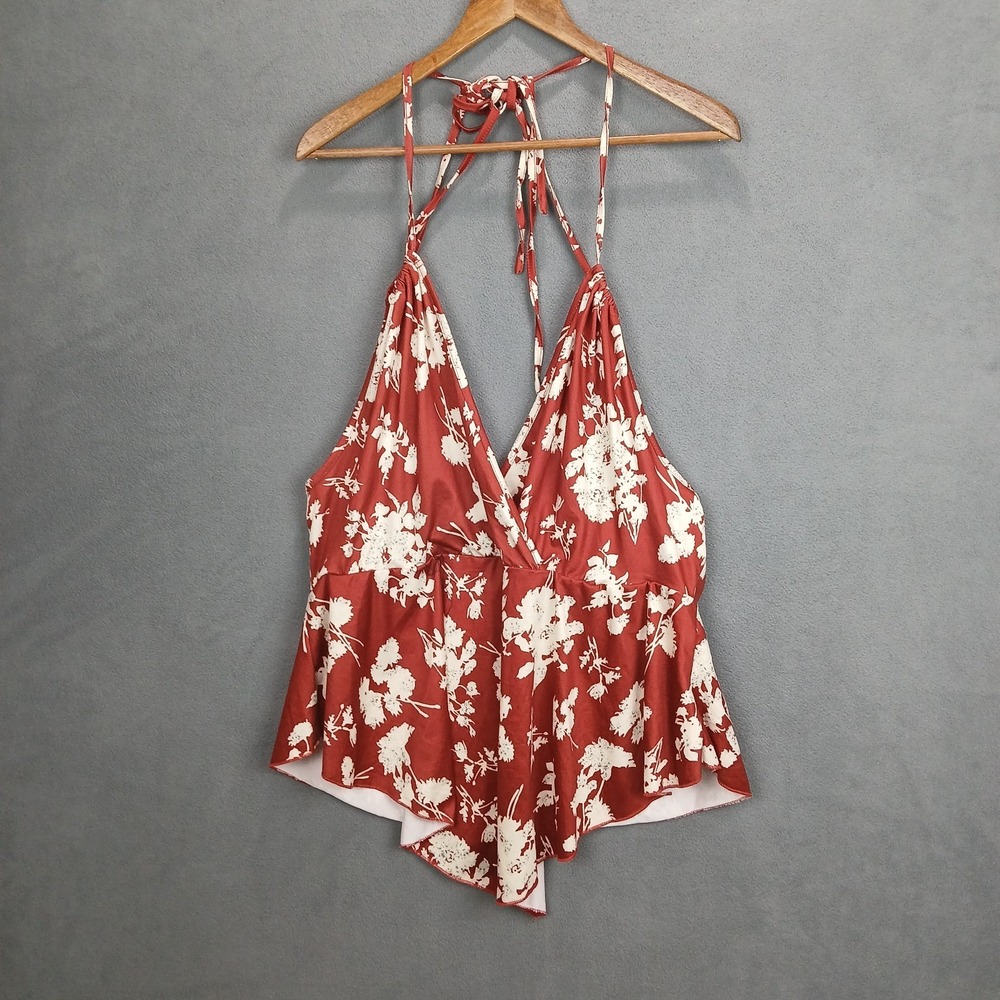 Shein Curve Halter Top Womens 3XL Dark Orange Botanical Plunge V Neck Backless - Picture 1 of 8